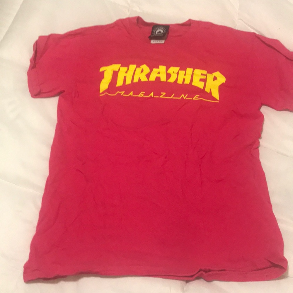 pink and yellow thrasher shirt